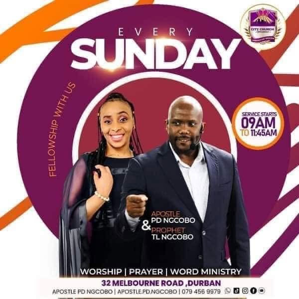 Sunday service flyer: every Sunday, 09:00 to 11:45, 32 Melbourne Road, Durban